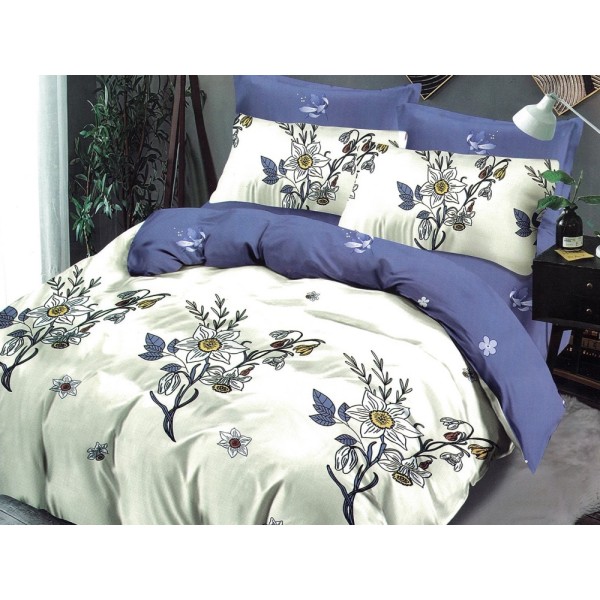 Lenjerie pat dublu, Ralex Pucioasa,  Finet, 6 piese, cu elastic, Alb-Bleu, flori [1]
