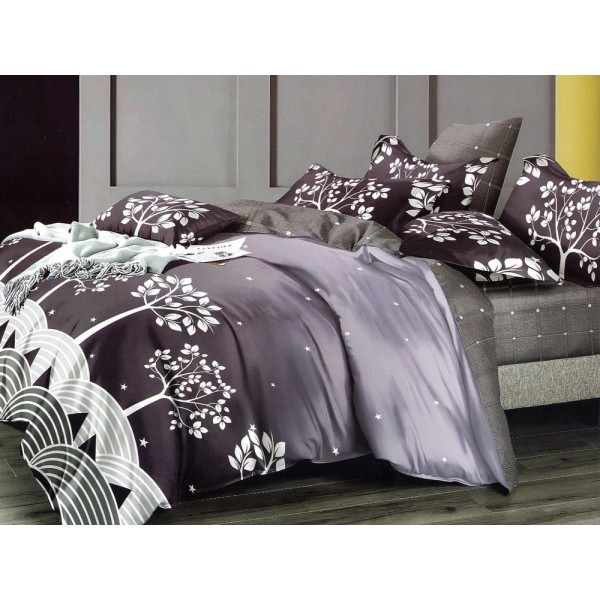 Lenjerie pat dublu, Ralex Pucioasa,  Finet, 6 piese, cu elastic, Gri-Lila, copaci [1]