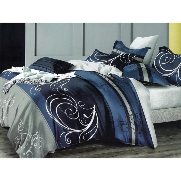 Lenjerie pat dublu, Ralex Pucioasa,  Finet, 6 piese, cu elastic, Gri-Albastru, model clasic [1]