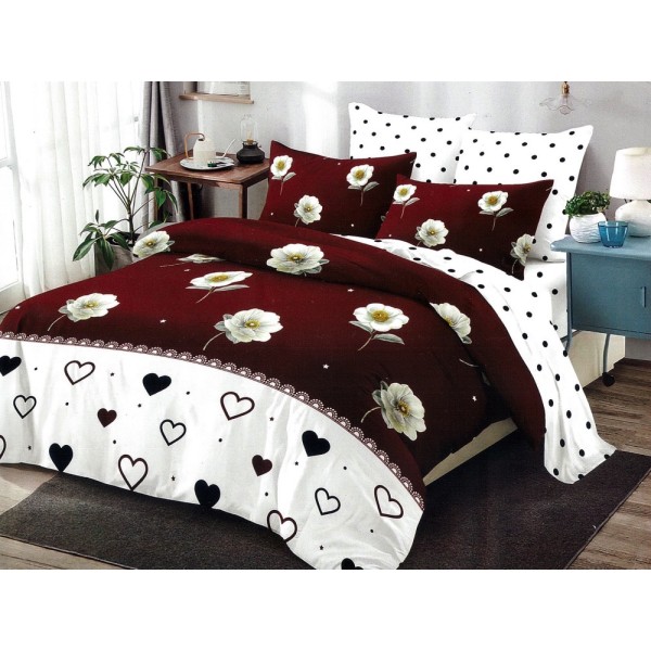 Lenjerie pat dublu, Ralex Pucioasa,  Finet, 6 piese, cu elastic, Alb-Visiniu, flori, inimioare [1]
