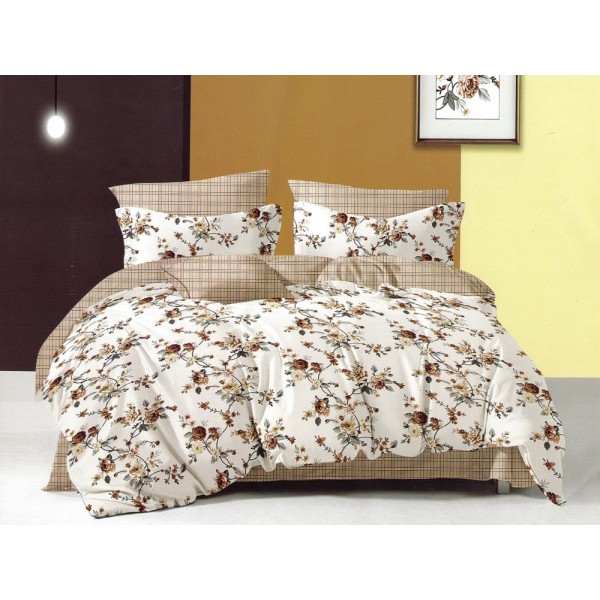 Lenjerie pat dublu, Ralex Pucioasa,  Finet, 6 piese, cu elastic, Alb-Bej, flori [1]