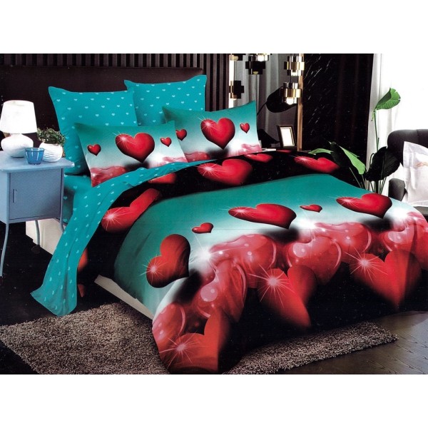 Lenjerie pat dublu, Ralex Pucioasa,  Finet, 6 piese, cu elastic, Verde-Rosu, inimioare [1]