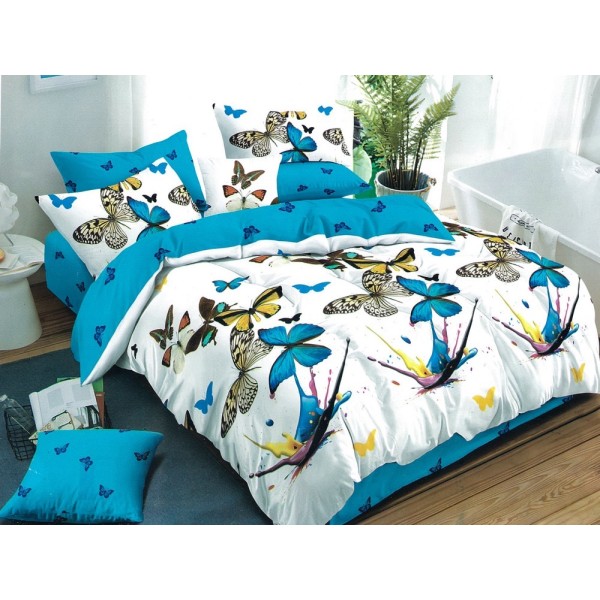 Lenjerie pat dublu, Ralex Pucioasa,  Finet, 6 piese, cu elastic, Alb-Bleu, buline [1]