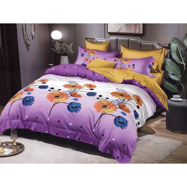 Lenjerie pat dublu, Ralex Pucioasa,  Finet, 6 piese, cu elastic, Mov, flori [1]