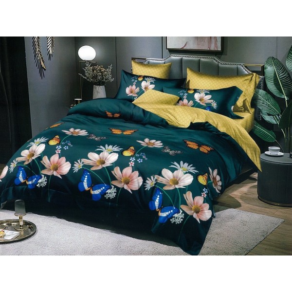 Lenjerie pat dublu, Ralex Pucioasa,  Finet, 6 piese, cu elastic, Verde, flori, fluturi [1]