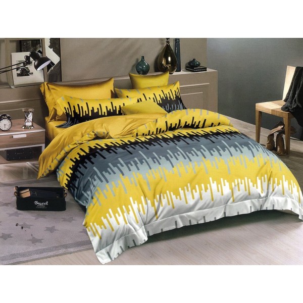 Lenjerie pat dublu, Ralex Pucioasa,  Finet, 6 piese, cu elastic, Gri-Galben, model clasic [1]