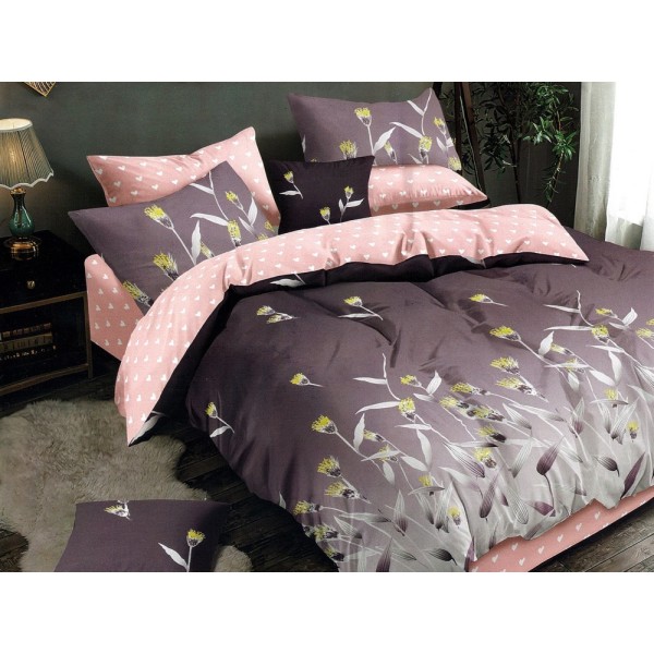Lenjerie pat dublu, Ralex Pucioasa,  Finet, 6 piese, cu elastic, Mov-Roz, flori [1]