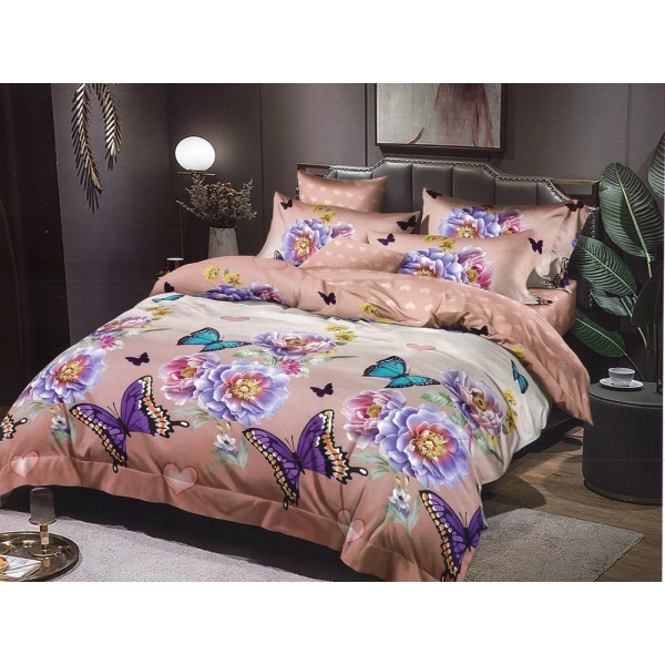 Lenjerie pat dublu, Ralex Pucioasa,  Finet, 6 piese, cu elastic, Roz, fluturi, flori [1]
