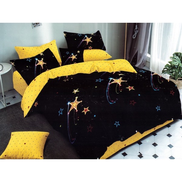 Lenjerie pat dublu, Ralex Pucioasa,  Finet, 6 piese, cu elastic, Negru-Galben, stelute [1]