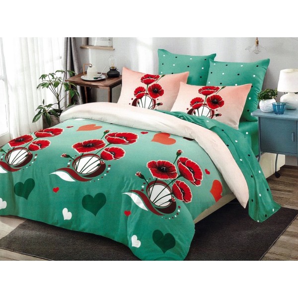 Lenjerie pat dublu, Ralex Pucioasa,  Finet, 6 piese, cu elastic, Verde Menta, maci [1]