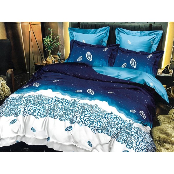 Lenjerie pat dublu, Ralex Pucioasa,  Finet, 6 piese, cu elastic, Albastru, flori [1]