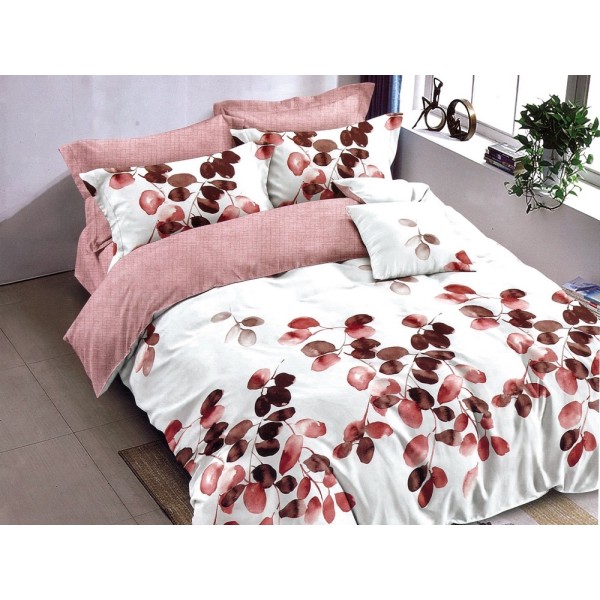 Lenjerie pat dublu, Ralex Pucioasa,  Finet, 6 piese, cu elastic, Alb-Roz, flori [1]