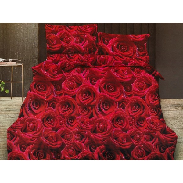 Lenjerie pat dublu, Ralex Pucioasa,  Finet, 6 piese, cu elastic, Rosu, flori, trandafiri [1]