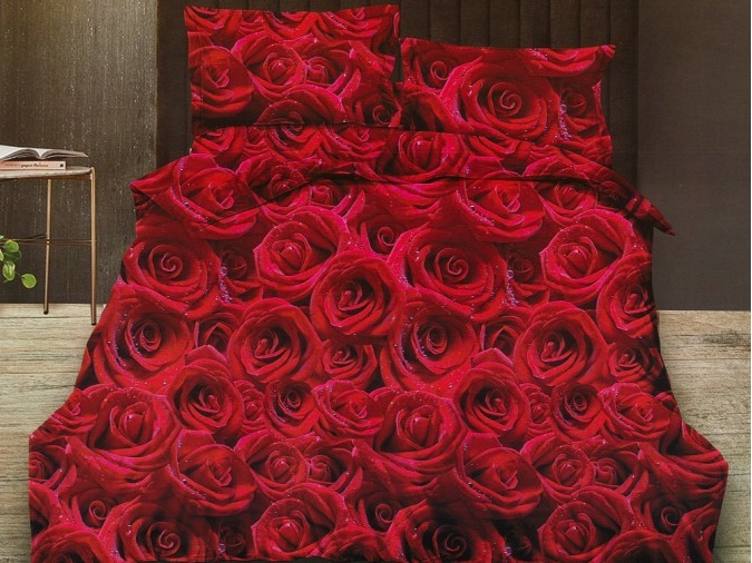 Lenjerie pat dublu Ralex Pucioasa Bumbac Finet 6 piese cu elastic Rosu flori trandafiri
