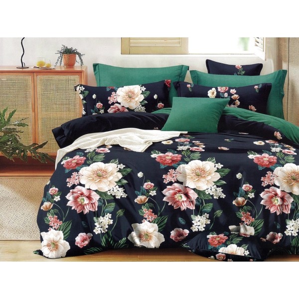 Lenjerie pat dublu, Ralex Pucioasa,  Finet, 6 piese, cu elastic, Bleumarin, flori [1]