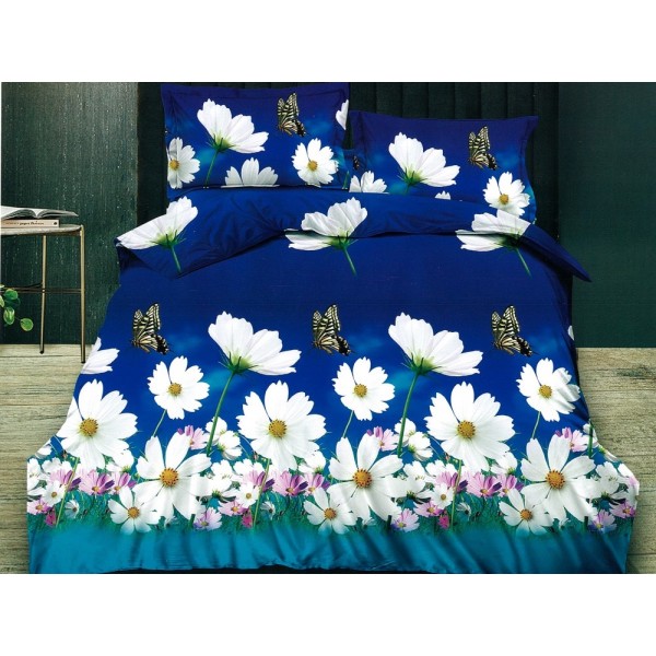 Lenjerie pat dublu, Ralex Pucioasa,  Finet, 6 piese, cu elastic, Albastru, flori, fluturi [1]