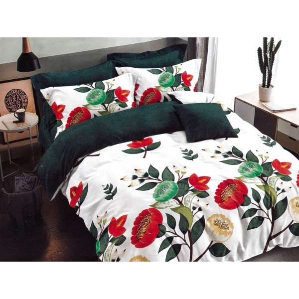 Lenjerie pat dublu, Ralex Pucioasa,  Finet, 6 piese, cu elastic, Alb-Verde, flori [1]