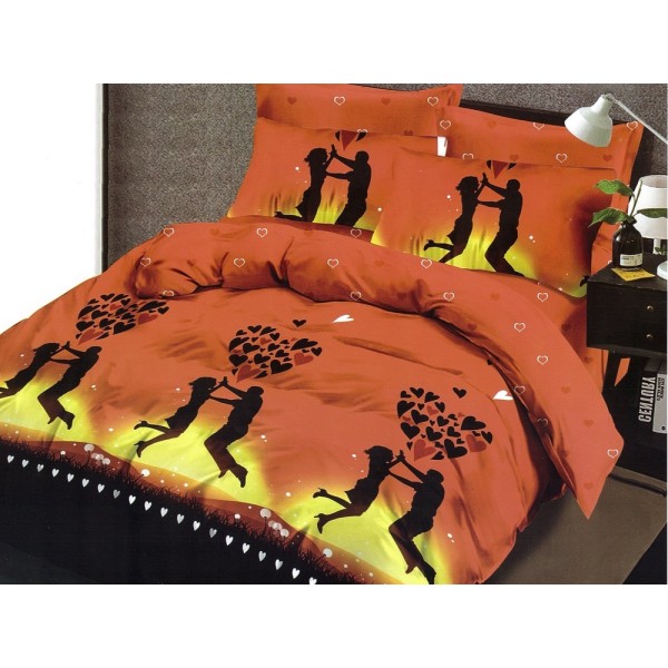 Lenjerie pat dublu, Ralex Pucioasa,  Finet, 6 piese, cu elastic, Portocaliu, indragostiti, inimioare [1]