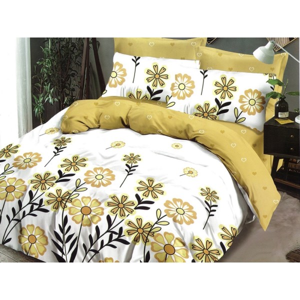 Lenjerie pat dublu, Ralex Pucioasa,  Finet, 6 piese, cu elastic, Alb-Galben, flori [1]