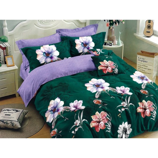 Lenjerie pat dublu, Ralex Pucioasa,  Finet, 6 piese, cu elastic, Verde-Albastru, flori [1]