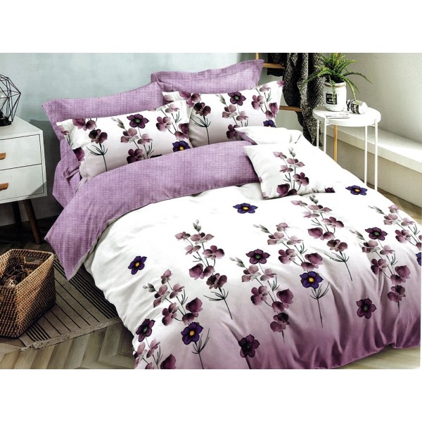 Lenjerie pat dublu, Ralex Pucioasa,  Finet, 6 piese, cu elastic, Alb-Mov, flori [1]