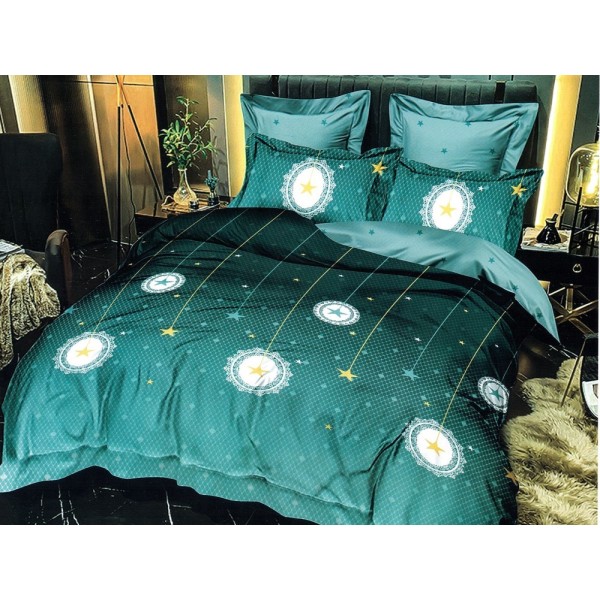 Lenjerie pat dublu, Ralex Pucioasa,  Finet, 6 piese, cu elastic, Verde, stelute [1]