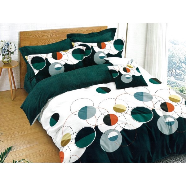 Lenjerie pat dublu, Ralex Pucioasa,  Finet, 6 piese, cu elastic, Alb-Verde, cercuri, buline [1]