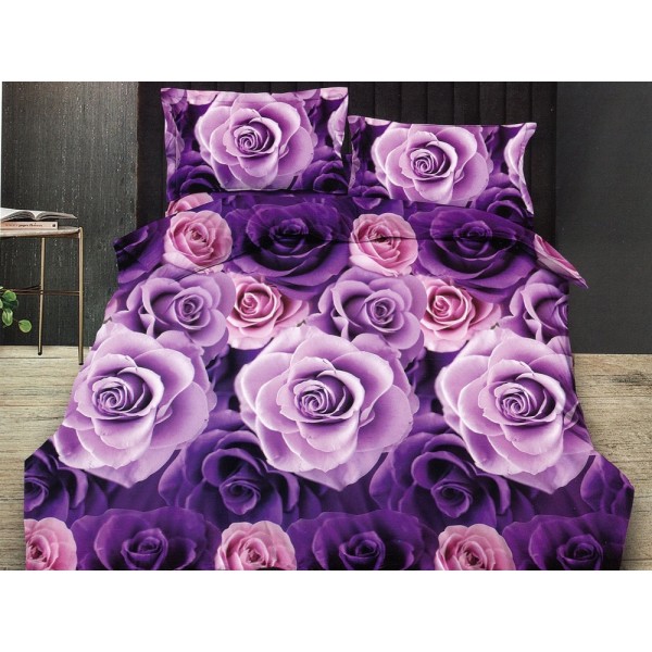 Lenjerie pat dublu, Ralex Pucioasa,  Finet, 6 piese, cu elastic, Mov, flori, trandafiri [1]