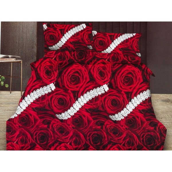 Lenjerie pat dublu, Ralex Pucioasa,  Finet, 6 piese, cu elastic, Rosu, flori, trandafiri [1]