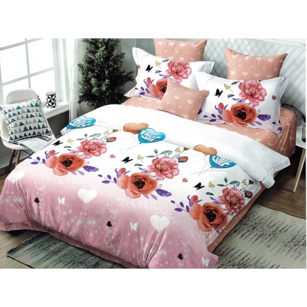 Lenjerie pat dublu, Ralex Pucioasa,  Finet, 6 piese, cu elastic, Alb-Roz, flori, inimioare [1]