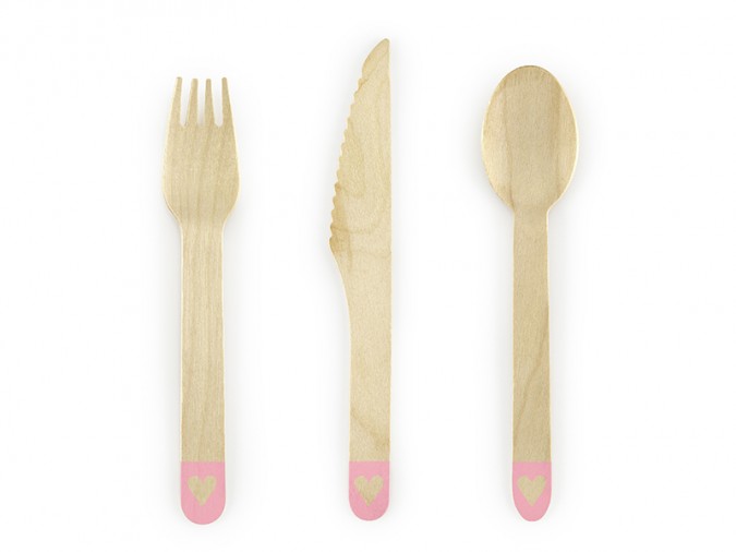 Wooden Cutlery Hearts blush pink 16cm (Set 18 bucati)