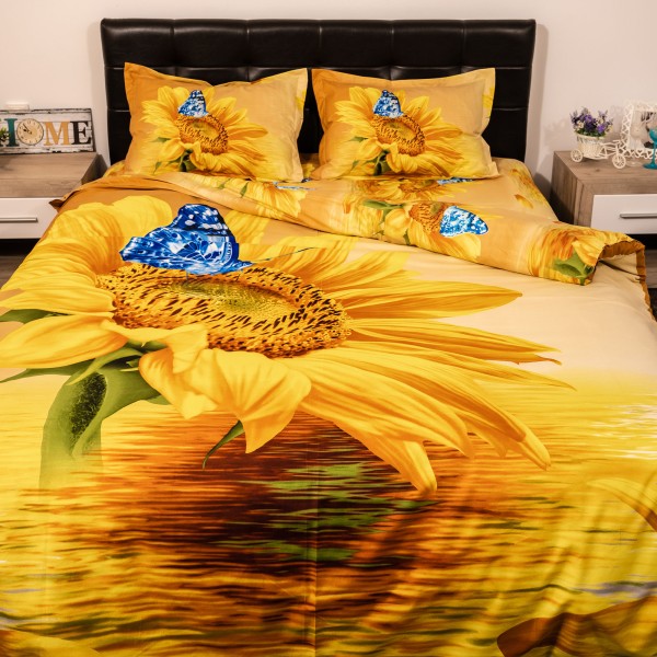 Lenjerie pat dublu, Ralex Pucioasa, Bumbac Satinat, 4 piese, 3D Digital Print, Galben, floarea soarelui  [1]