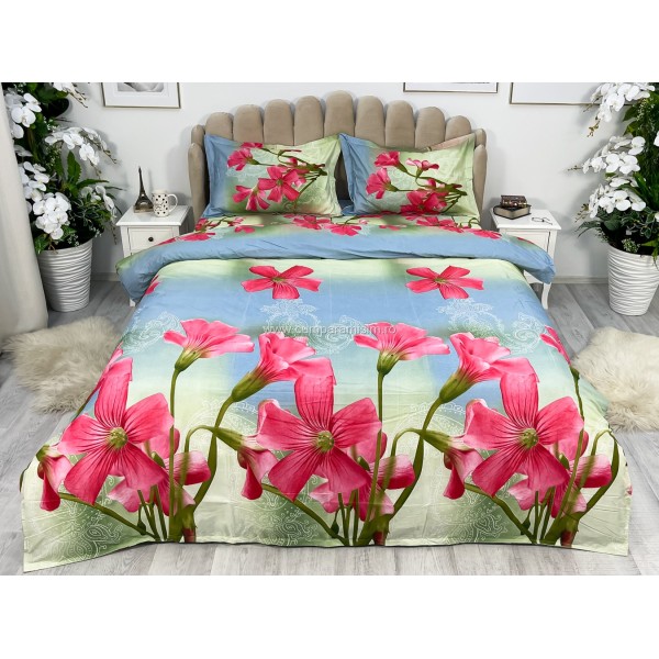 Lenjerie pat dublu (140x200cm, 160x200cm, 180x200cm), cearsaf clasic, imprimeu 3D, Verde, flori [1]