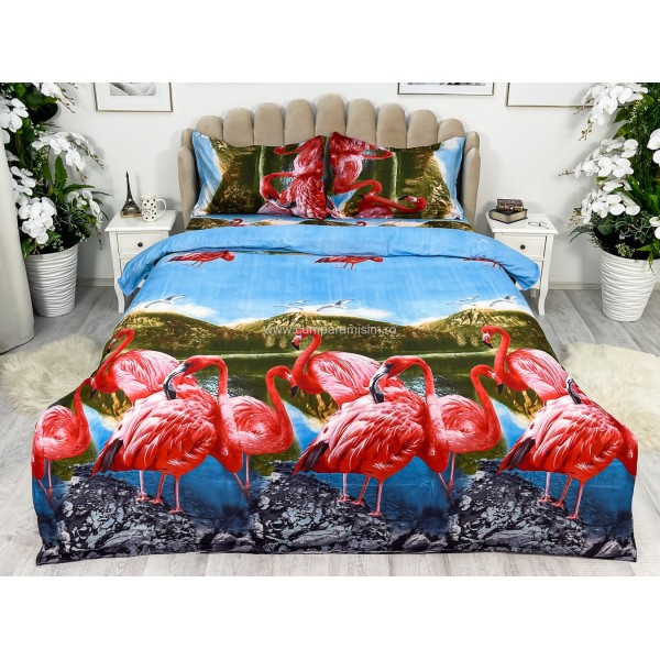 Lenjerie pat dublu (140x200cm, 160x200cm, 180x200cm), cearsaf clasic, imprimeu 3D, Albastru, flamingo [1]