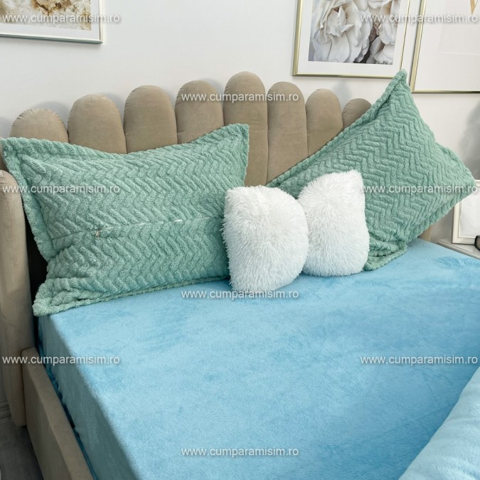 Lenjerie pentru pat dublu pufoasa CoCoLiNo, tip tricotaj, 4 piese, Verde Aqua-Bleu