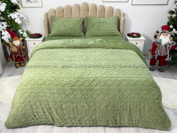 Lenjerie pentru pat dublu, pufoasa CoCoLiNo, tip tricotaj, cu blanita, 4 piese, Verde