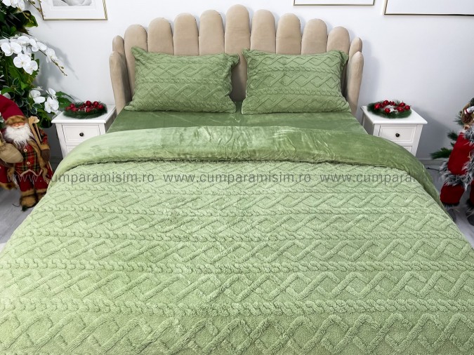 Lenjerie pentru pat dublu pufoasa CoCoLiNo, tip tricotaj, 4 piese, Verde