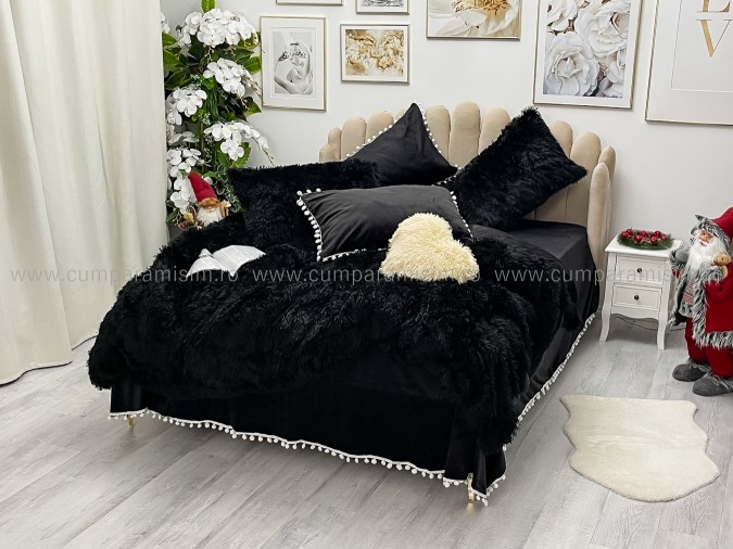 Lenjerie pat super pufoasa COCOLINO Fluffy cu ciucuri, 6 piese, NEGRU