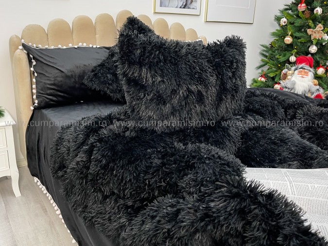 Lenjerie pat super pufoasa COCOLINO Fluffy cu ciucuri, 6 piese, NEGRU