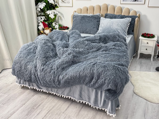 Lenjerie pat super pufoasa COCOLINO Fluffy cu ciucuri, 6 piese, GRI