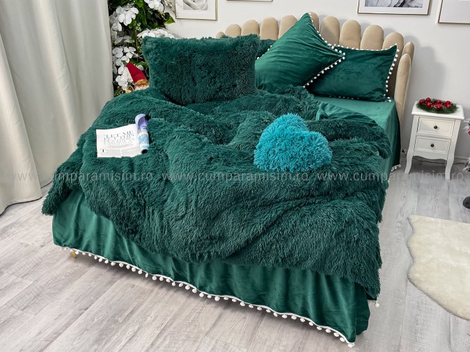 Lenjerie pat super pufoasa COCOLINO Fluffy cu ciucuri, 6 piese, VERDE INCHIS