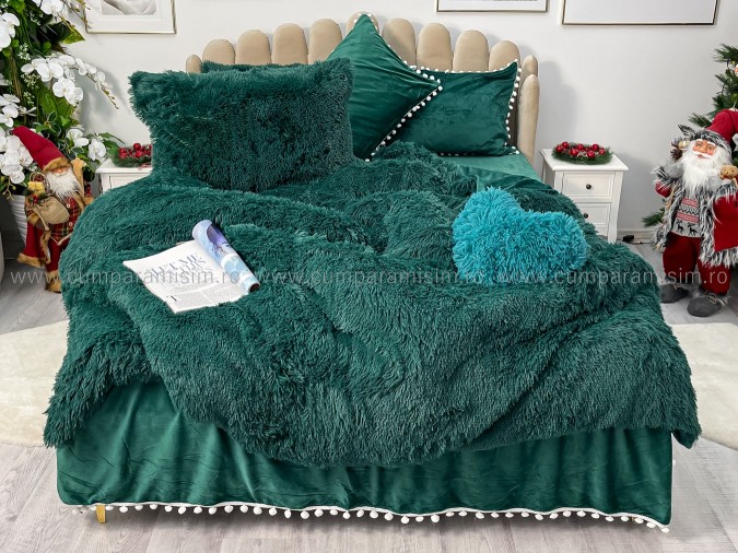 Lenjerie pat super pufoasa COCOLINO Fluffy cu ciucuri, 6 piese, VERDE INCHIS