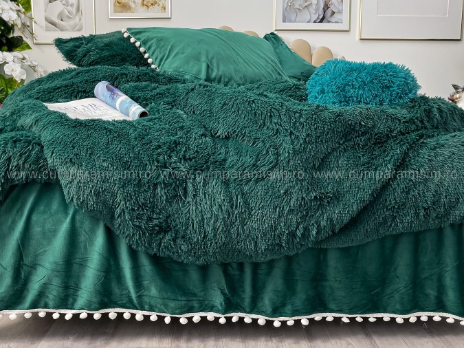 Lenjerie pat super pufoasa COCOLINO Fluffy cu ciucuri, 6 piese, VERDE INCHIS