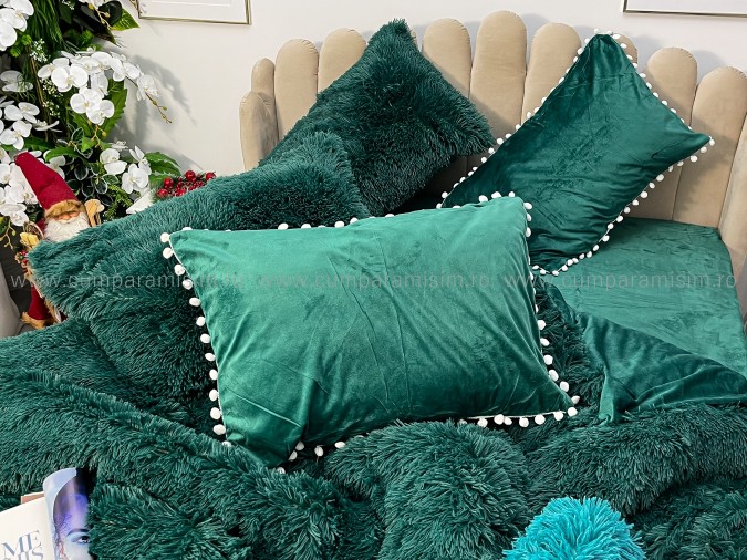 Lenjerie pat super pufoasa COCOLINO Fluffy cu ciucuri, 6 piese, VERDE INCHIS