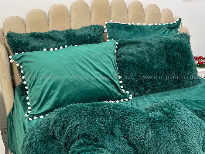 Lenjerie pat super pufoasa COCOLINO Fluffy cu ciucuri, 6 piese, VERDE INCHIS