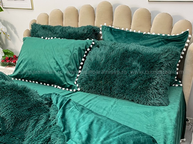 Lenjerie pat super pufoasa COCOLINO Fluffy cu ciucuri, 6 piese, VERDE INCHIS