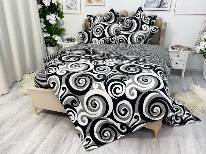 Lenjerie pat dublu, BUMBAC FINET, 6 piese, cu ELASTIC, Jojo Home, Alb-Negru, abstract