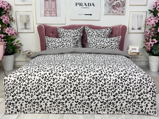 Lenjerie pat dublu, BUMBAC FINET, 6 piese, Jojo Home, Alb-Gri-Negru, animal print