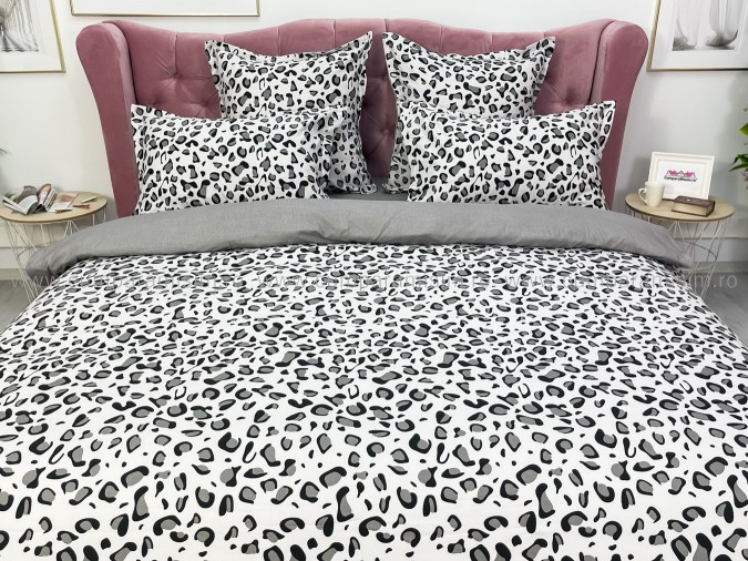 Lenjerie pat dublu, BUMBAC FINET, 6 piese, Jojo Home, Alb-Gri-Negru, animal print