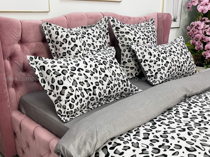 Lenjerie pat dublu, BUMBAC FINET, 6 piese, Jojo Home, Alb-Gri-Negru, animal print